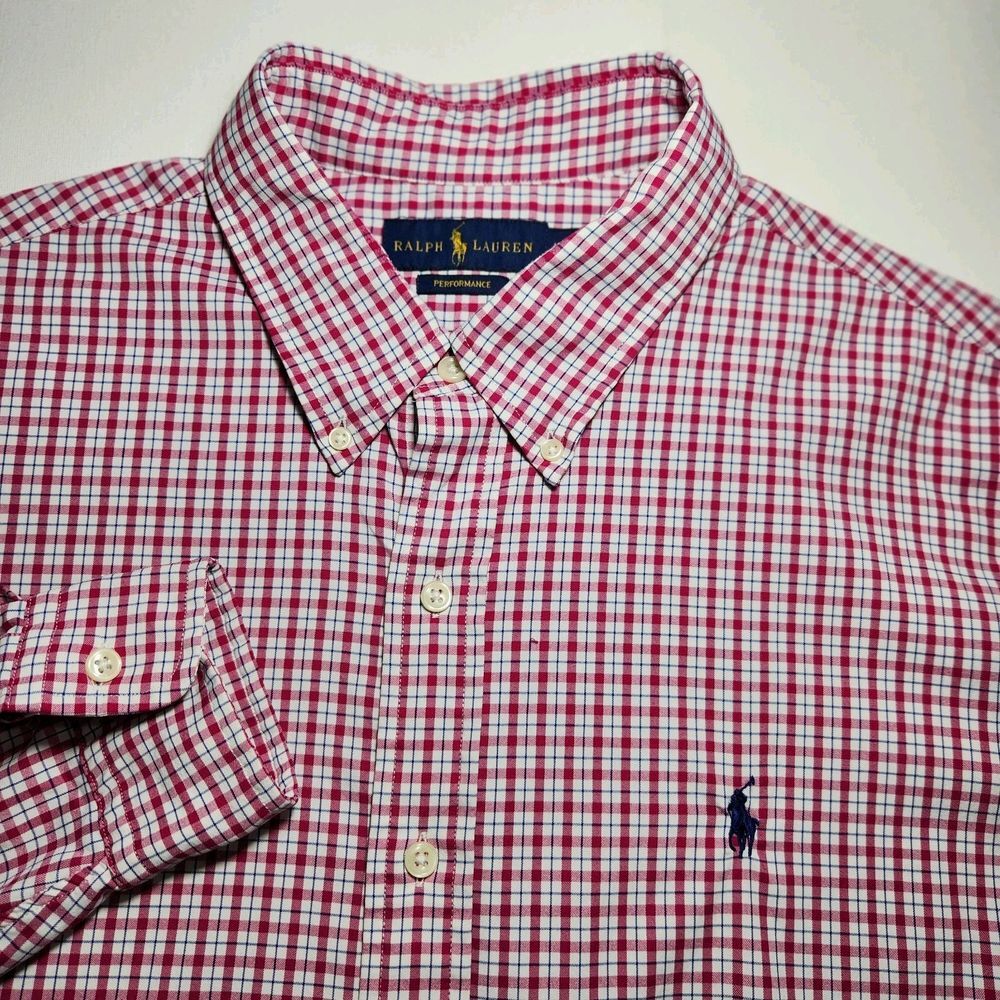 Ralph Lauren Mens Button‎ Down Shirt Size XL Red Plaid Gingham Performance Nylon